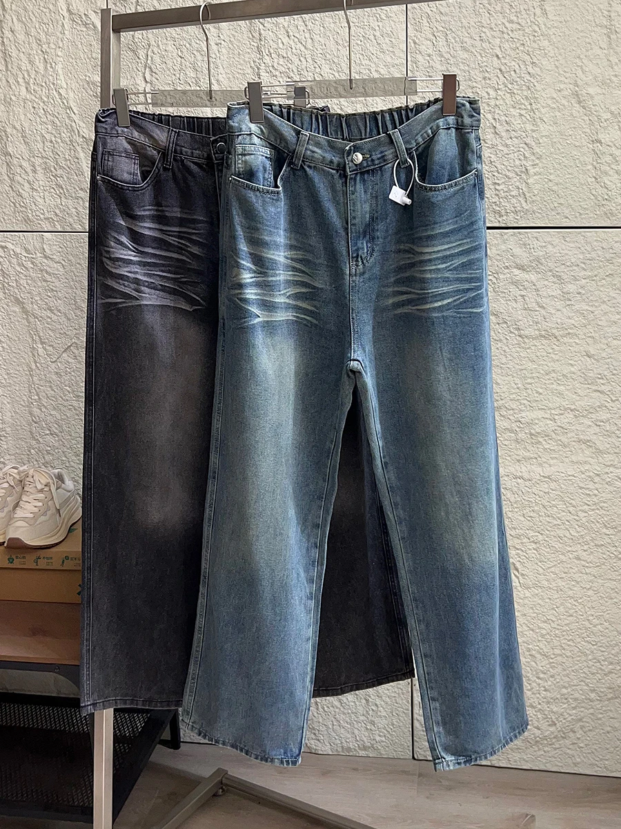 

Retro American Washed Claw Pattern Spring Men's Lazy Style Fashion Loose Straight Leg Jeans Trendy mid Waist Button Closure