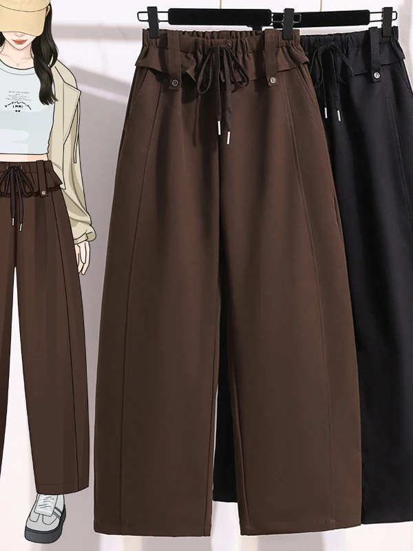 Authentic Fall New plus Size Loose Belted Wide Leg Knife Pants Conceal Belly Women's Long Trousers Casual High Waist Polyeste...