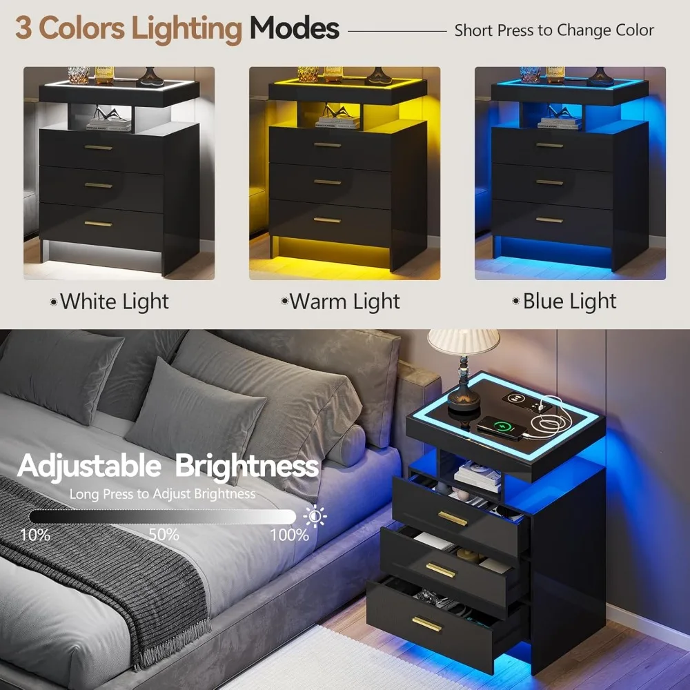 conjunto de mesa de cabeceira de carregamento de dupla função com 3 gavetas e mesa lateral de vidro multicolorida