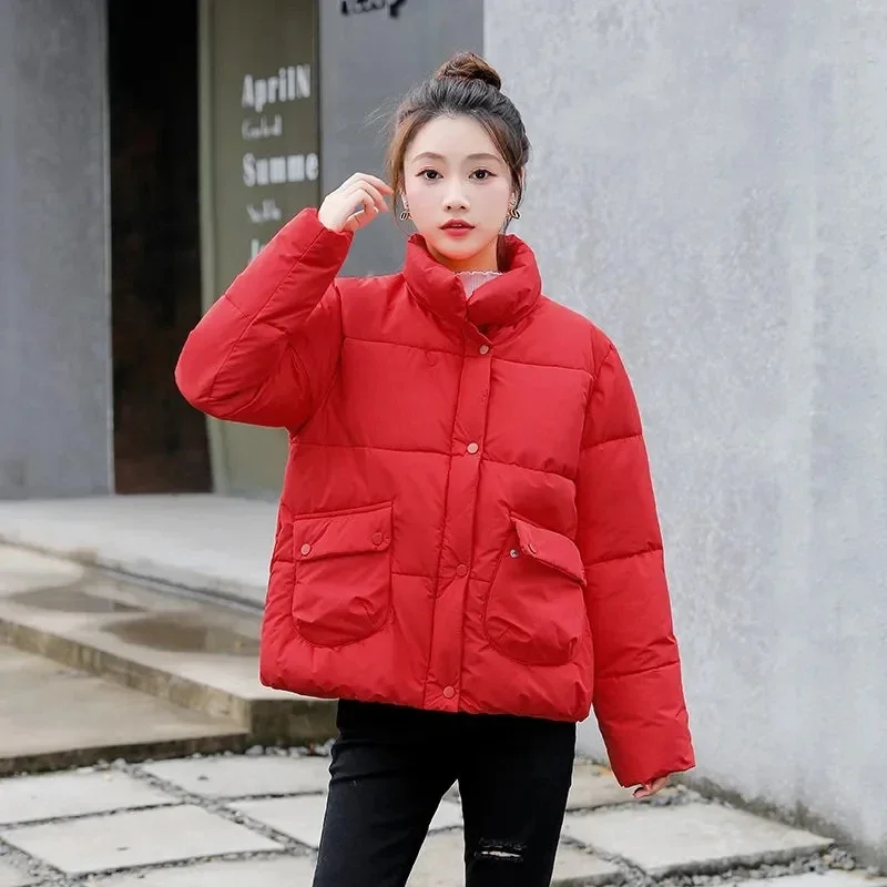 Jaket kasual berbantalan kerah berdiri jaket katun Crop Korea musim dingin jaket katun wanita ringan hangat mantel longgar Single Breasted Casaco tebal