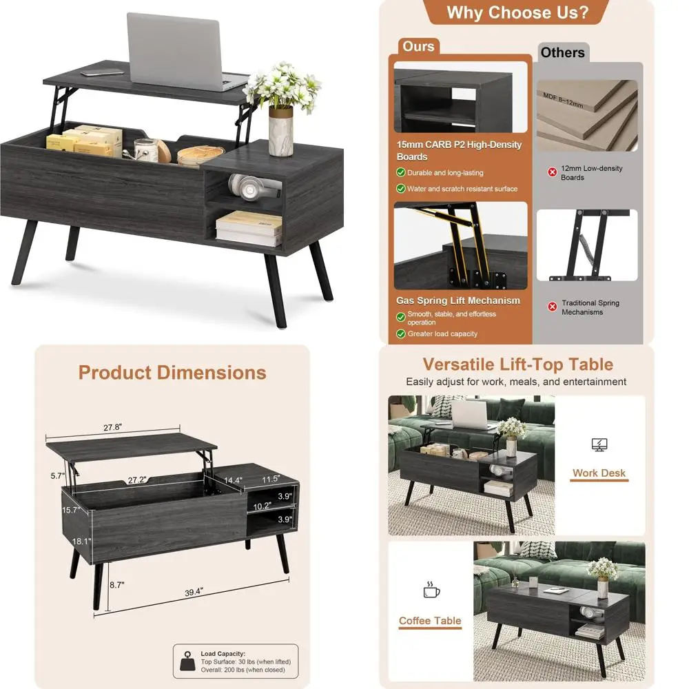 

Прямоугольный журнальный столик с подъемным верхом, темно-серой отделкой, ножками из массива дерева, местом для хранения и открытыми полками для гостиной