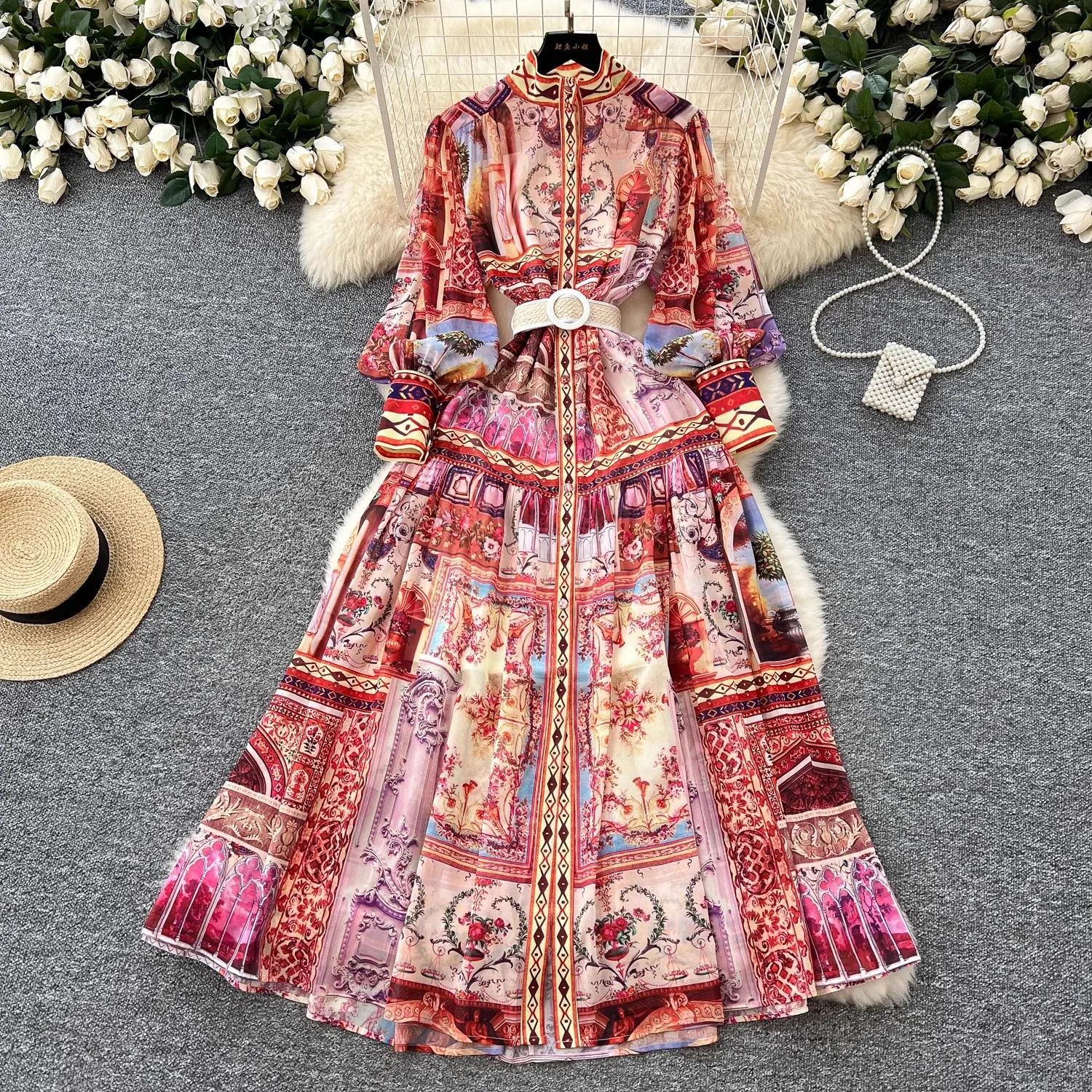 

Spring Summer Gorgeous Holiday Beach Dress Women's Stand Long Lantern Sleeve Vintage Floral Print Belt Chiffon Loose Vestidos