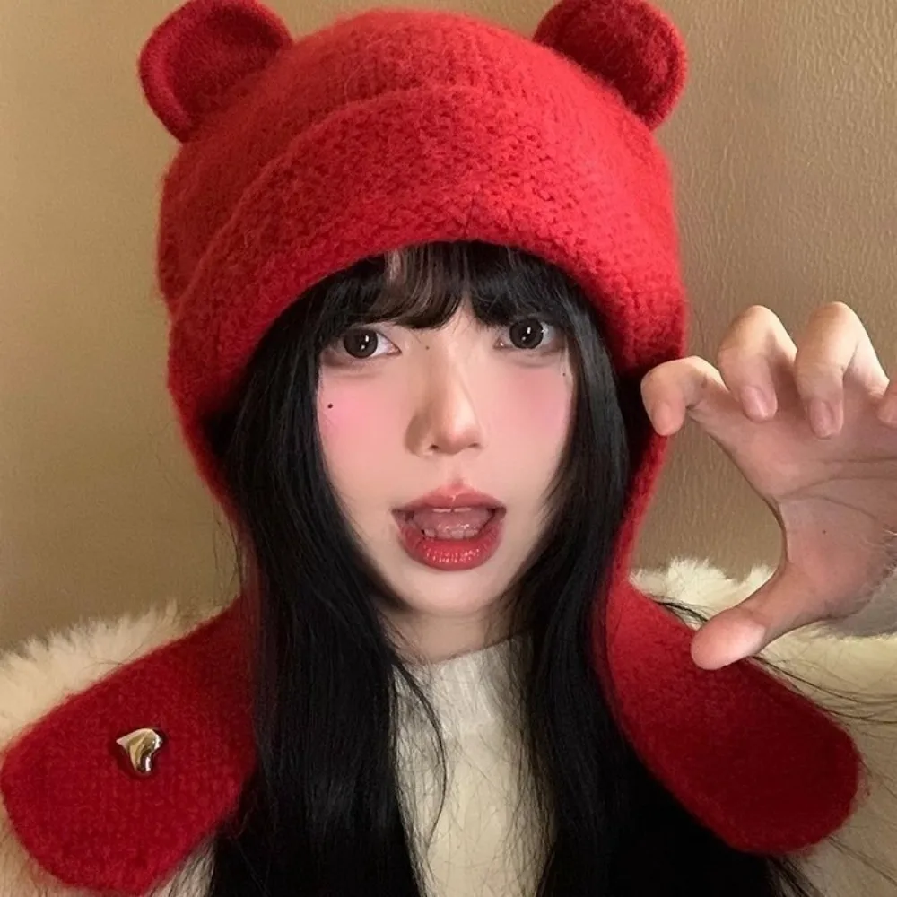

Korean Cute Bear Ear Knitted Cap Winter Autumn Y2k Warm Beanie Hats Sweet Soft Ear Protection Cap Girls