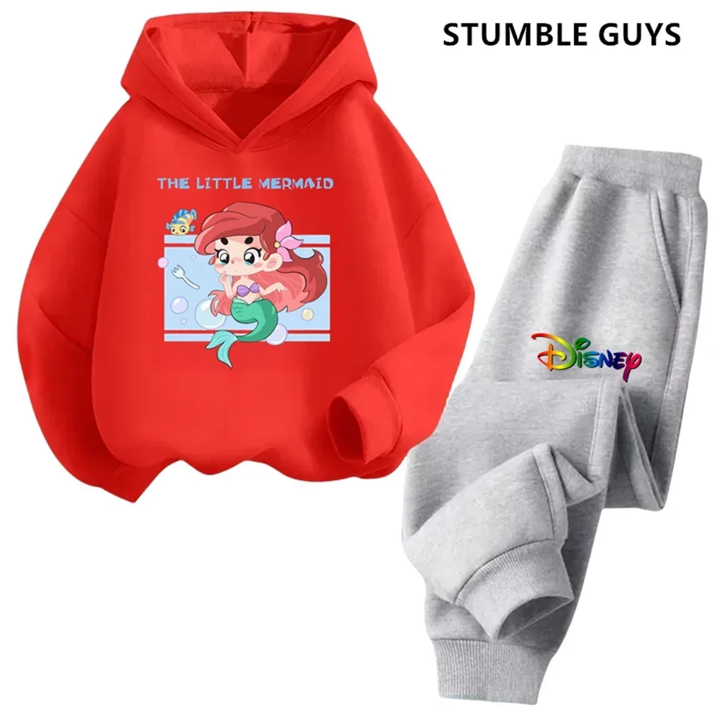 Disney The Little Mermaid Hoodie Set Girls Cartoon 3-14 Years Old Kawaii Street Casual Kids Sweatshirt Children\'s Trucksuit