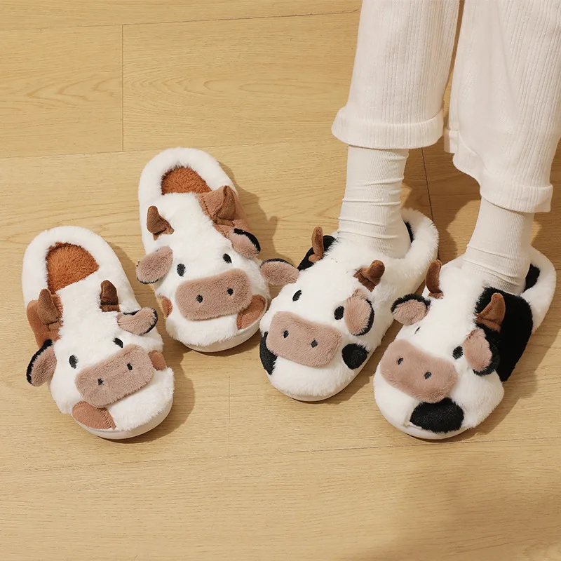 Winter Unisex Women Men Cute Cartoon Cow Warm Plush Slippers Couple's Indoor Non-slip House Slides Toe Wrap Home Cotton Shoes