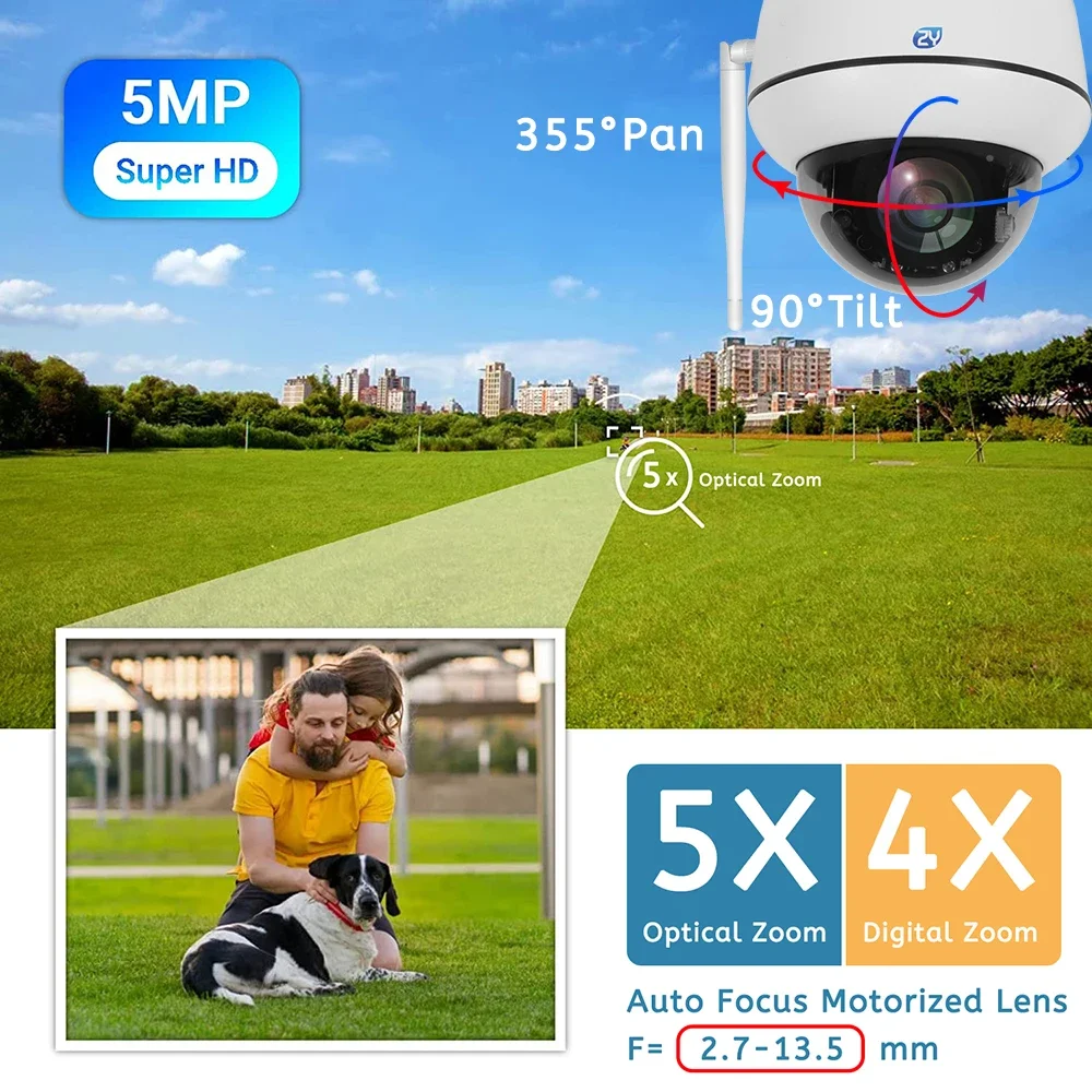 Imagem -02 - Ccd Sony 5mp Zoom Óptico 5x Cúpula Wi-fi Ptz Câmera ip Detecção Humana Rastreamento Automático Intercomunicador Bidirecional Câmeras de Vigilância Cftv para Segurança Doméstica Concha Metálica Aplicativo Camhi