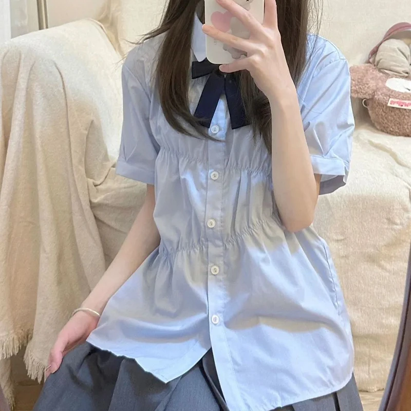 Shirt Women Blue Folds Preppy Style Turn Down Collar Short Sleeve Top Korean Fashion Solid Elegant Chic Blouse Female New