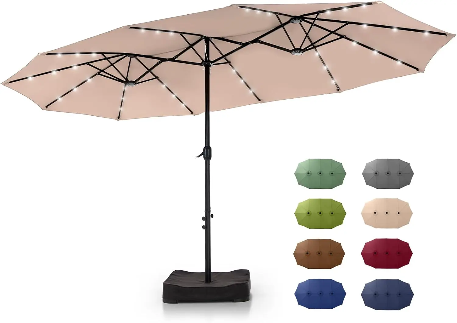 

15 ft Rectangle Patio Umbrella with Solar Lights, Crank Handle, and Base Included - Beige