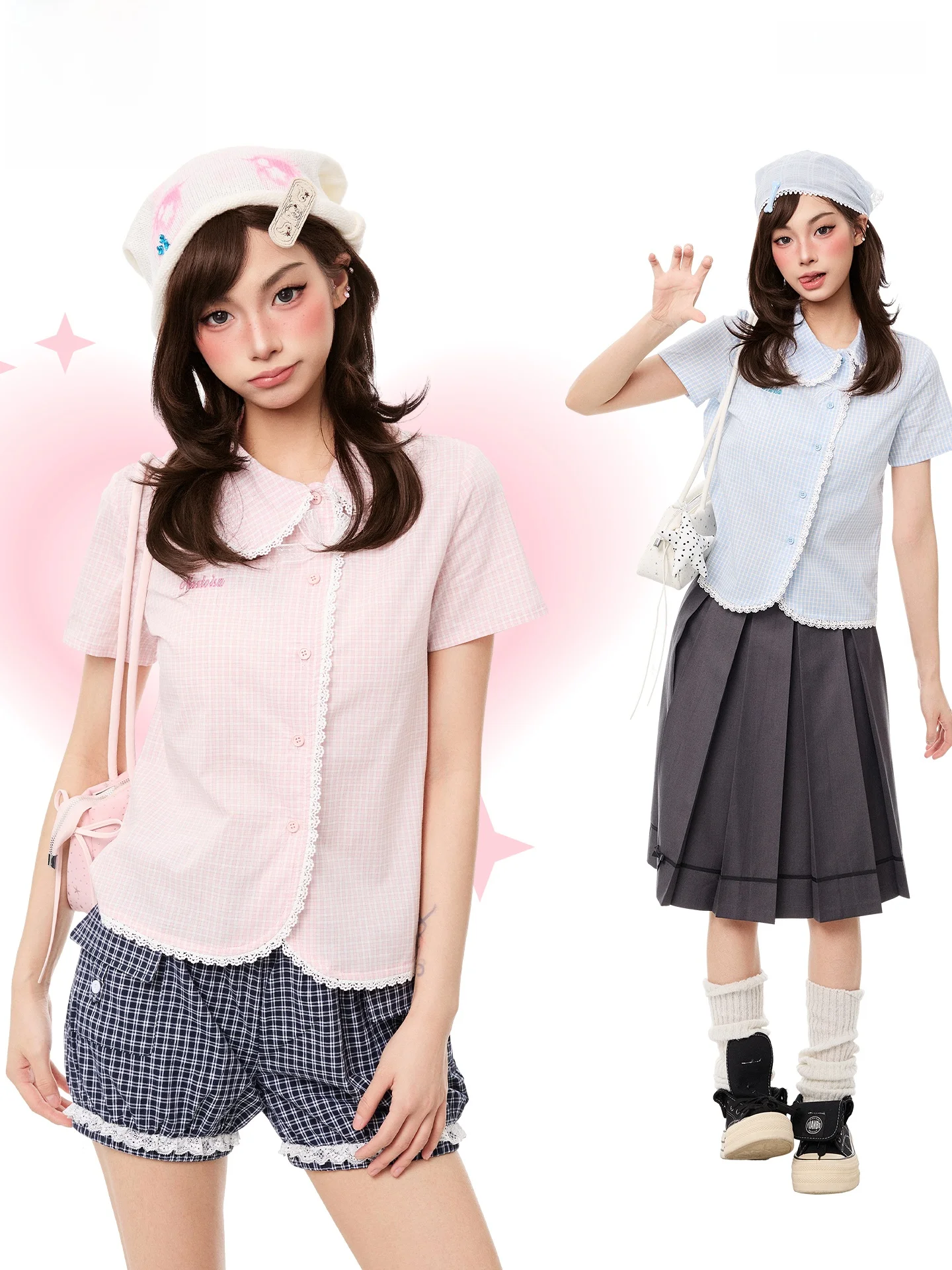 

PBB Sweet And Gentle Style Short Sleeve Lace Patchwork Casual Shirt Women's Plaid Slimming Pink Short Length Button up Top