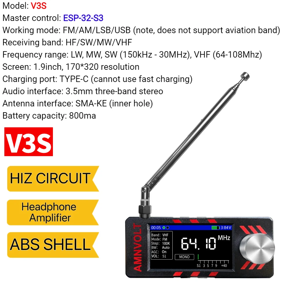 AMNVOLT V4/V3S ATS MINI SI4732 Radio ALL Band DSP Radio FM AM SSB LSB USB-ontvanger, ingebouwd Hi-Z hoofdtelefoonversterkercircuit