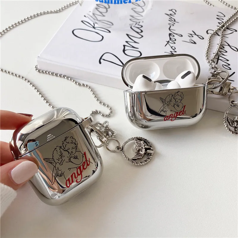 Cute Angel Baby Pendant Earphone Case For Apple AirPods 1 2 3 Pro Luxury Plating Mirror Headphones Cover Portable Headset Fundas