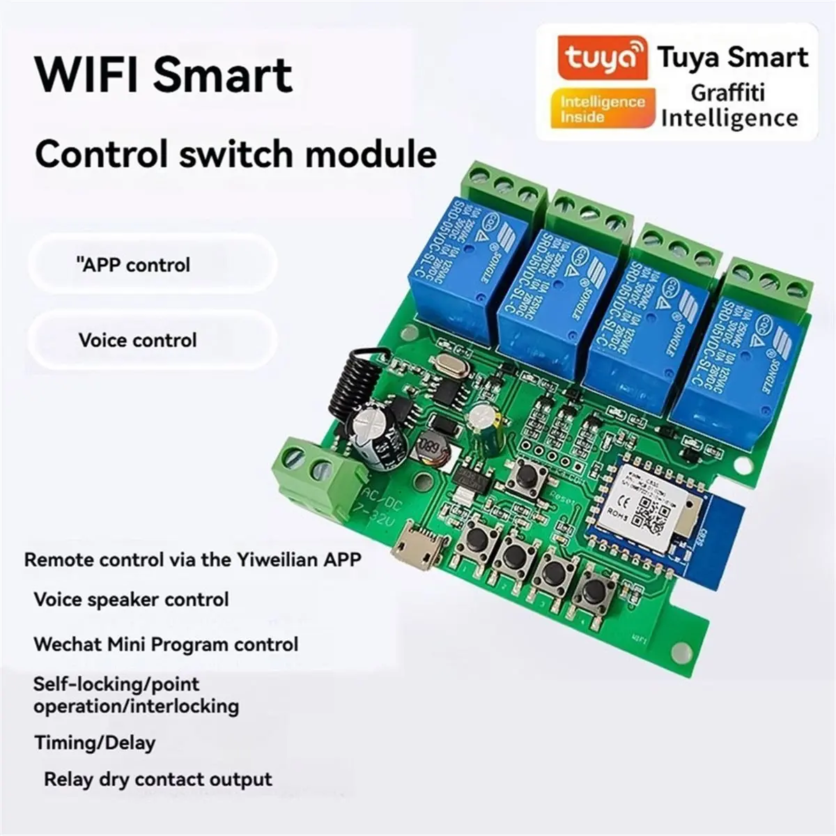 ABZW Tuya Smart Wifi 4CH Relaismodule Schakelaar DC7-32V Motor Module + RF433 Afstandsbediening Voor Garagedeuropener