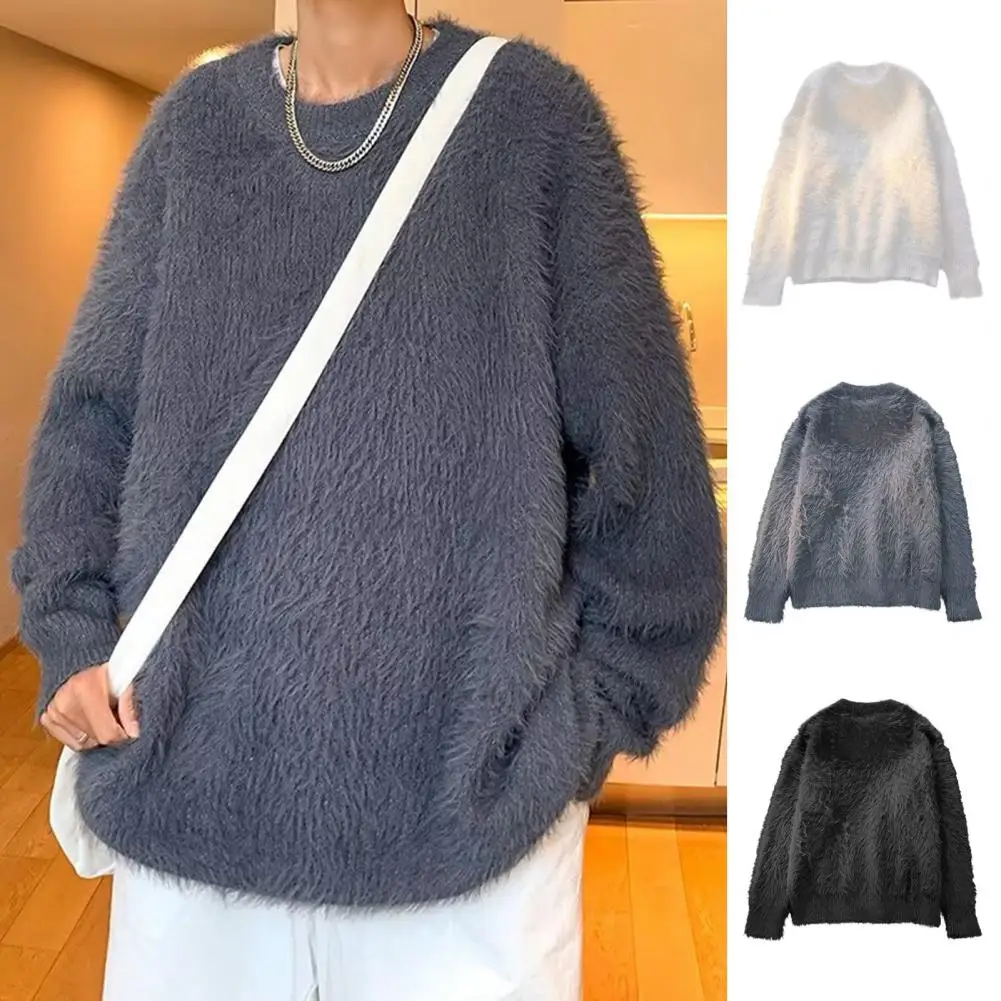 Fall Winter Men Sweater Oversized Mid Length Pure Color Fluffy Round Neck Long Sleeves Pullover Elastic Anti-shrink Thickened Da