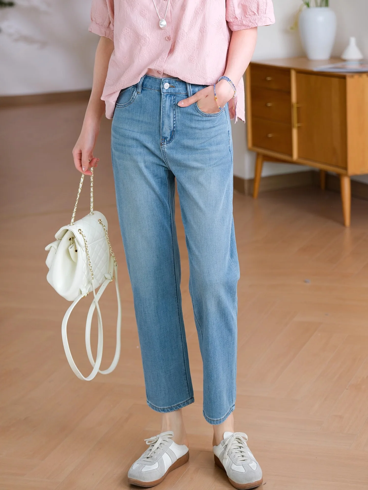 

Универсальные женские джинсы с высокой талией, прямые, длиной 7/8, повседневные, из смесового хлопка Lenzing, модель French Fries