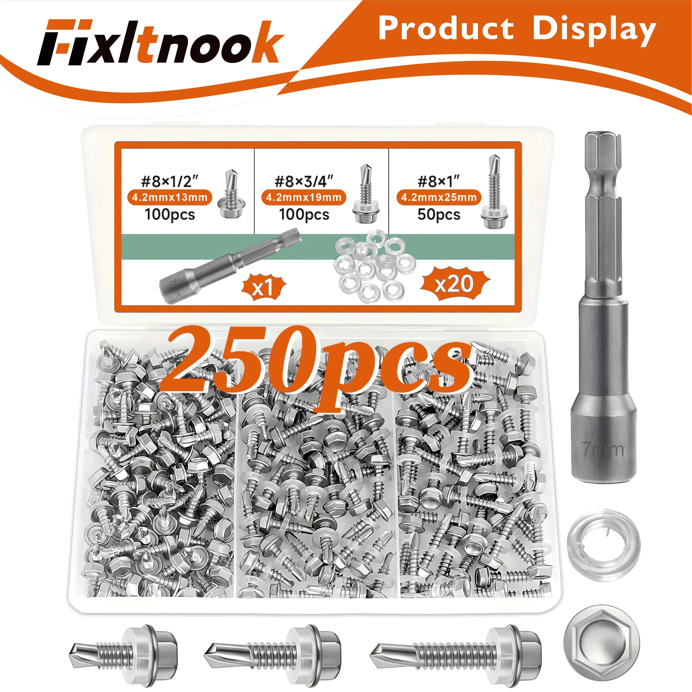 

250 pieces, stainless steel # 8 self tapping screw set, with hex wrench nuts and sealing washers