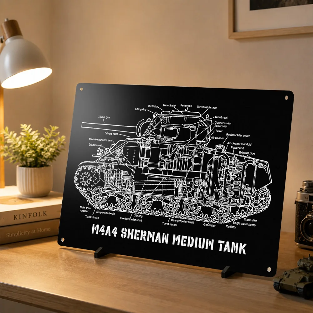 M4A4 Sherman Tank Schematic 3D Texture Metal Poster Customized Wall Art Tin Sign Gift for Mancave Home Decorations Living Room
