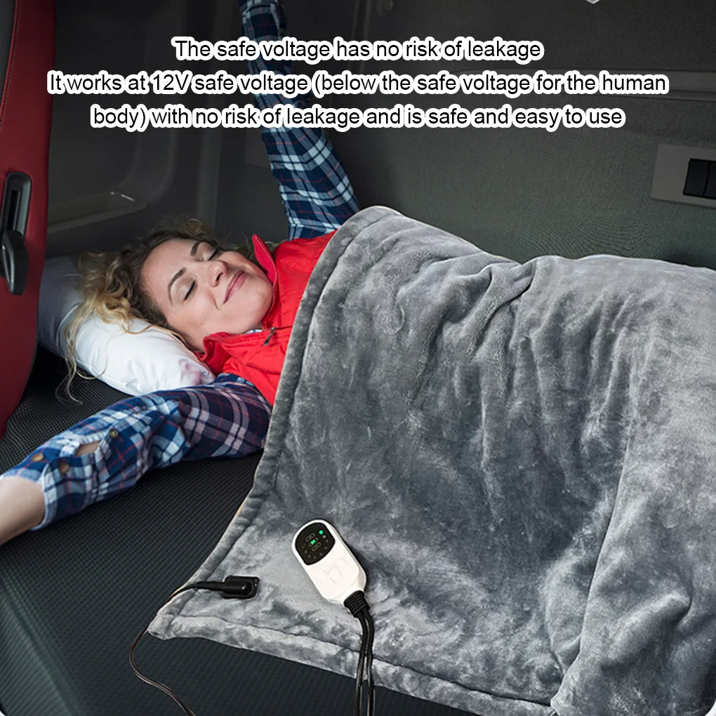 12V Car Electric Heated Blanket Smart 9 Heating Level 2/8/10 Hours Auto-Off Machine Washable Flannel Travel Car Electric Blanket