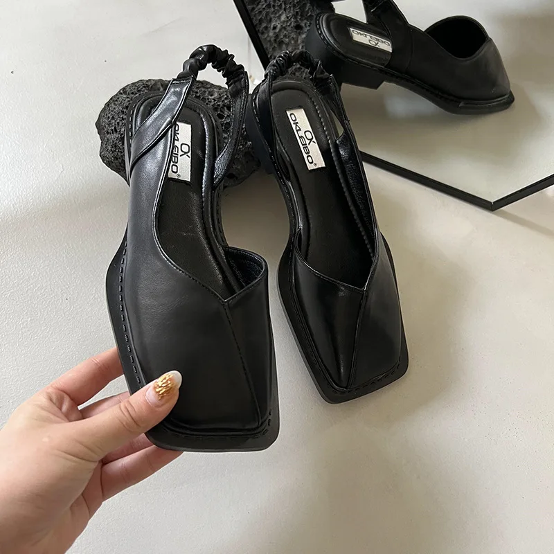 Ladies Sandals Square Toe Summer Elegant  Fashion Ladies Elastic Band Flat Heel Women Shallow Party Shoes Square Heel Sandal