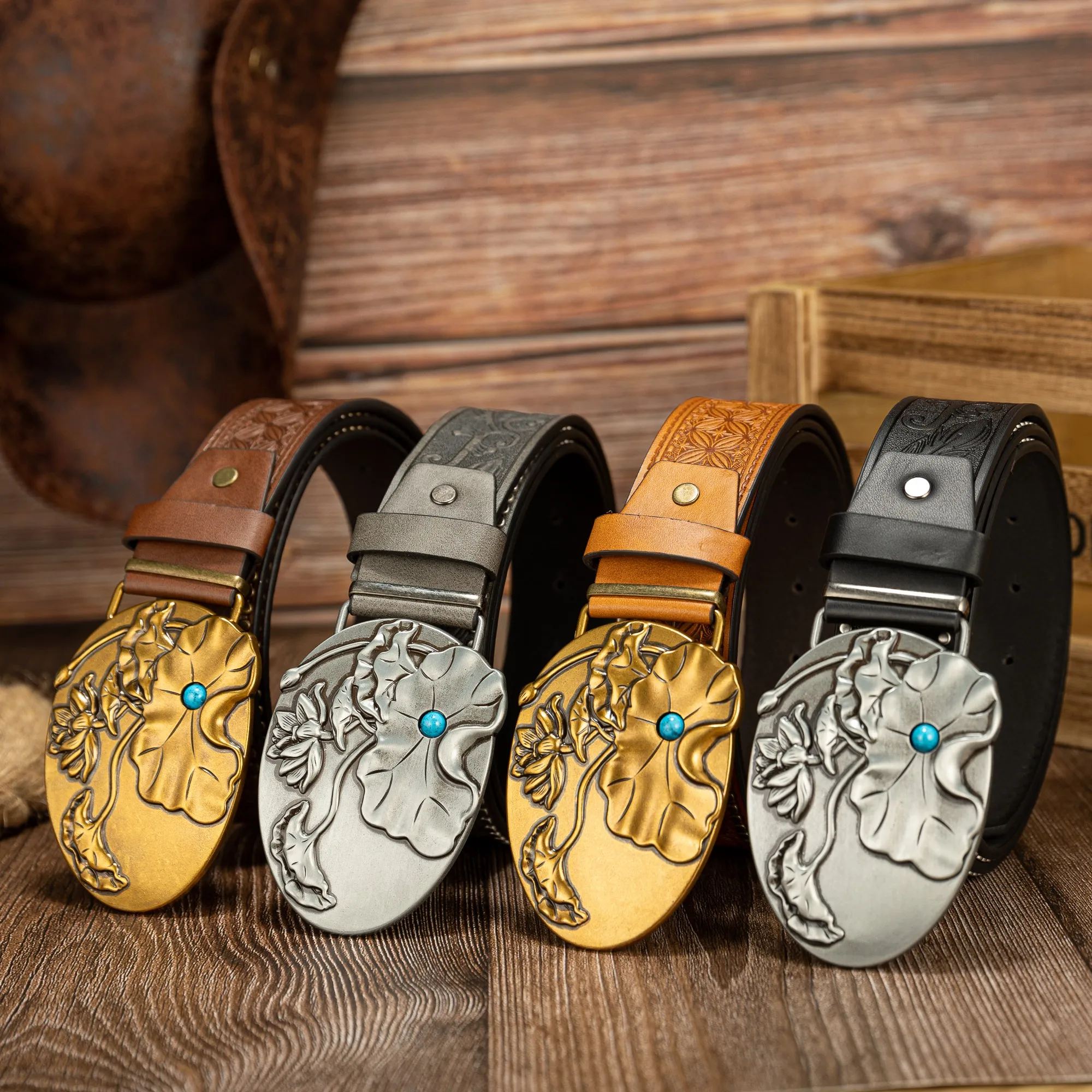 

Универсальная пряжка с листьями лотоса и цветком лотоса, персонализированная решетка для окон с перьями, ремень с заклепками и тиснением из искусственной кожи