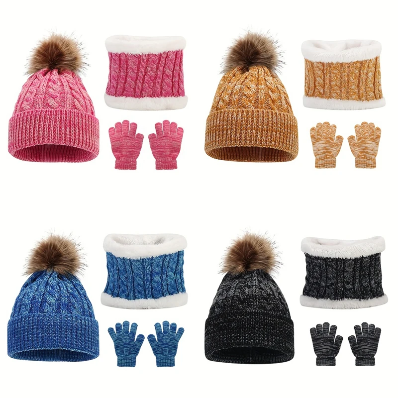 Gorros de malha de cor sólida infantil, chapéu de bebê, pompom, boné bonito, cachecol, luvas, terno, casual, menina, menino, inverno