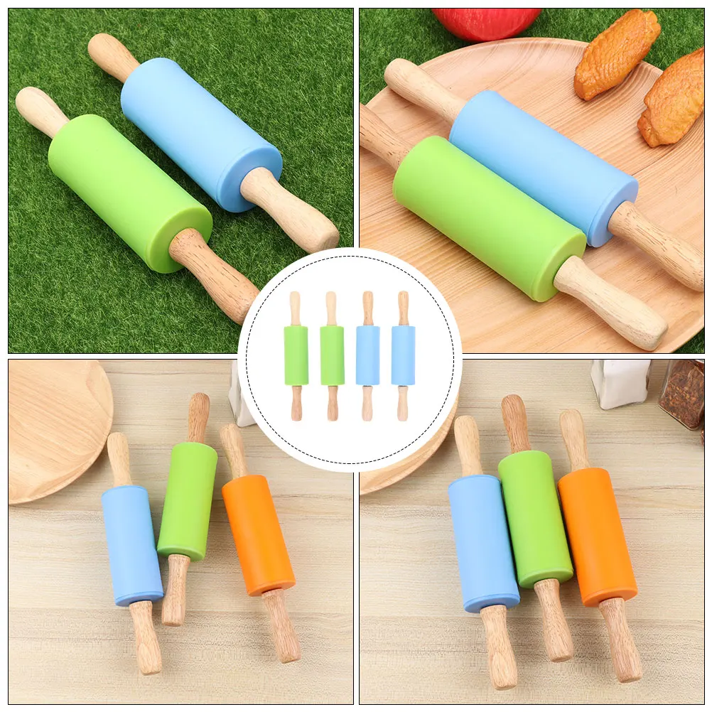 

4pcs Food-Grade Non-Stick Rolling Pin Kitchen Tools Silicone Wooden Handle Dough Roller Pin For Baking Cookie Pizza