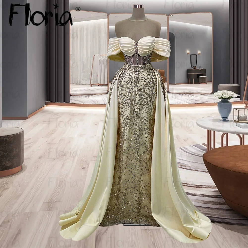 

Glitter Off Shoulder Evening Dress Detachable Train Corset Waist Wedding Party Gowns Mermaid Luxury Celebrity Dress Robe Soirée