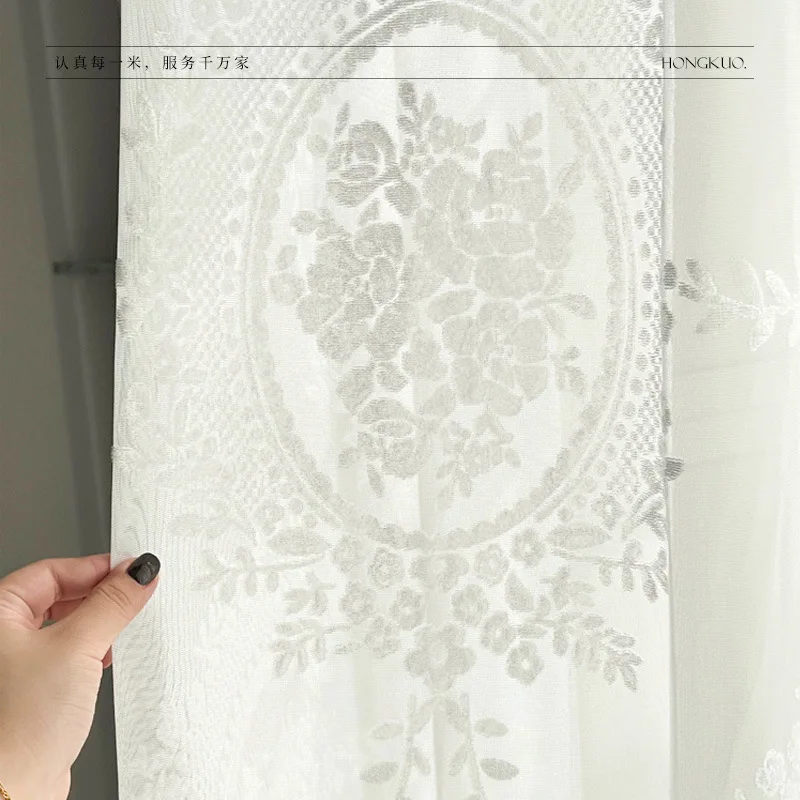 Embossed in The Flower Window Screen Cut Velvet Pearl Lace White Tulle Partition Screen Floating Window Living Room Bedroom