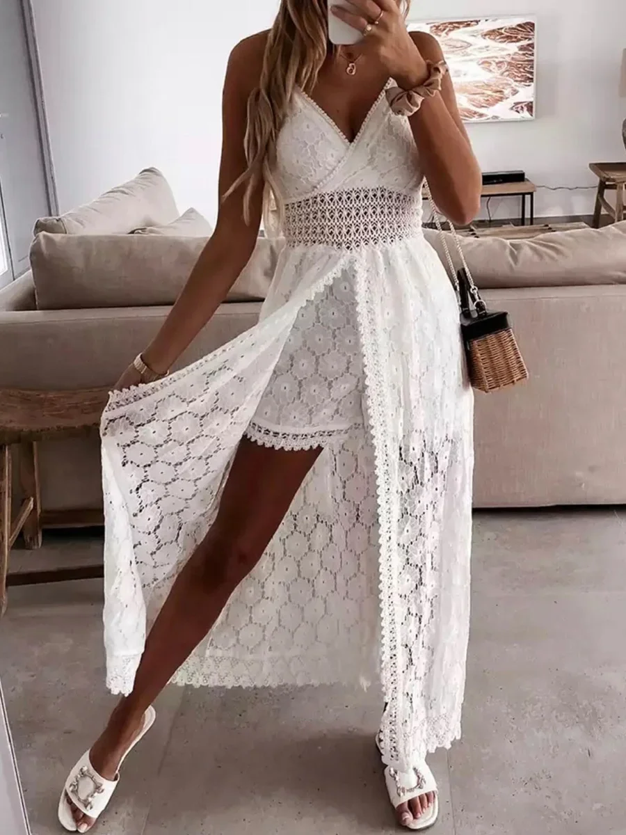 

2024wsevypo Women Spaghetti Straps Long Beach Dress Boho Summer Sleeveless Hollow Out Floral Lace Playsuit Sundress Lady Outfit