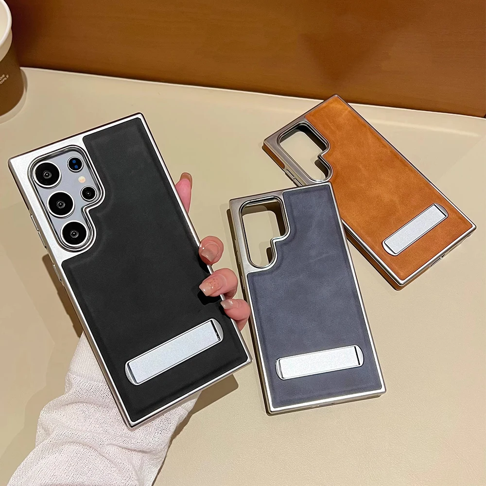 Luxury plating leather holder phone case for Samsung Galaxy S24 S23 S22 Ultra Plus invisible metal bracket shockproof hard cover