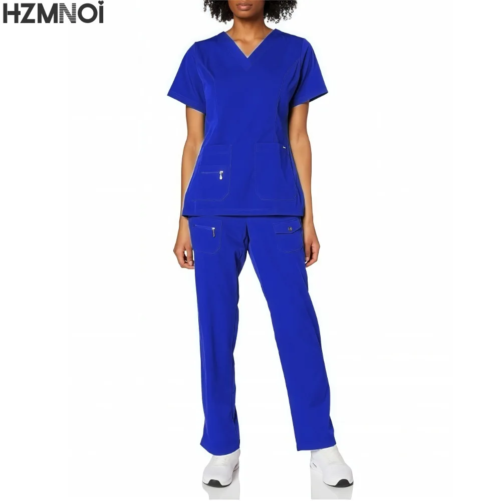 New Nurse Uniforms Elatic Solid Tops Pants Woman Man Scrub Trousers Dental Vet Hospital Pet Clinic Medical Uniform Scrub Sets