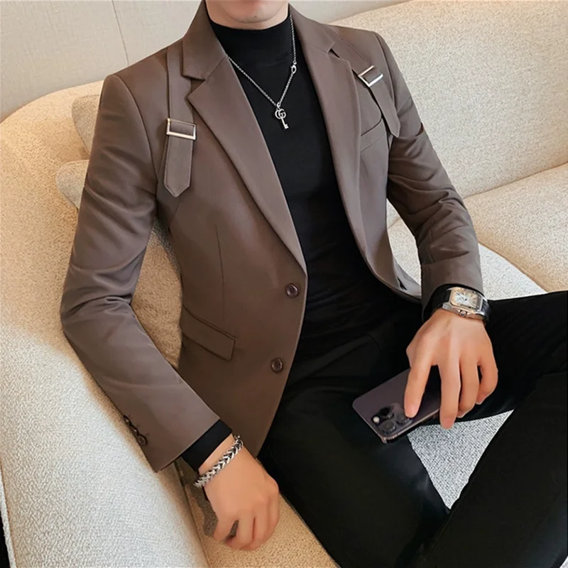 2024 Autumn Winter New Strap Decoration Suit Jacket for Men Fashion Slim Casual Business Blazers Groom Wedding Social Tailcoat