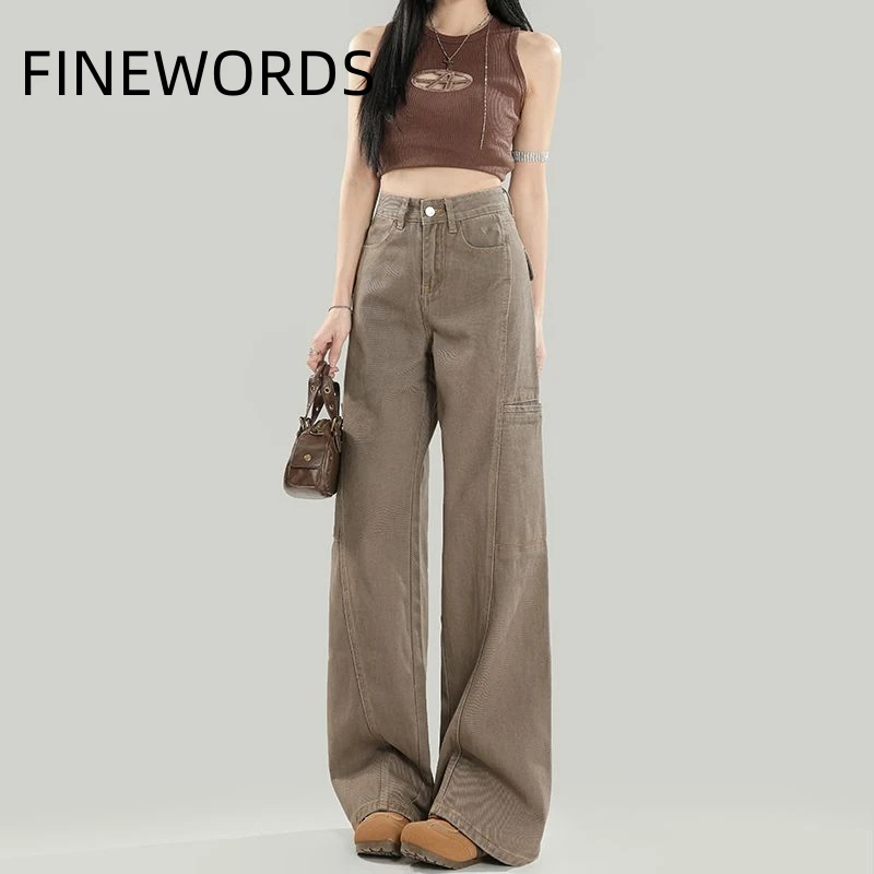 

FINEWORDS Fashion Workwear High Waist Jeans Women Streetwear Casual Jeans Korean Retro Highstreet Loose Denim Pants