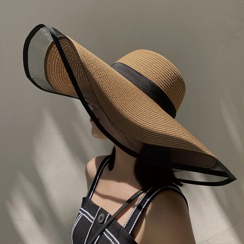 Damski kapelusz przeciwsłoneczny Big Eaves Waves Beach Cap Ladies Hat Big Brim Sun Visors UV Cut Bucket Panama Cap Foldable Straw Sunscreen Vintage