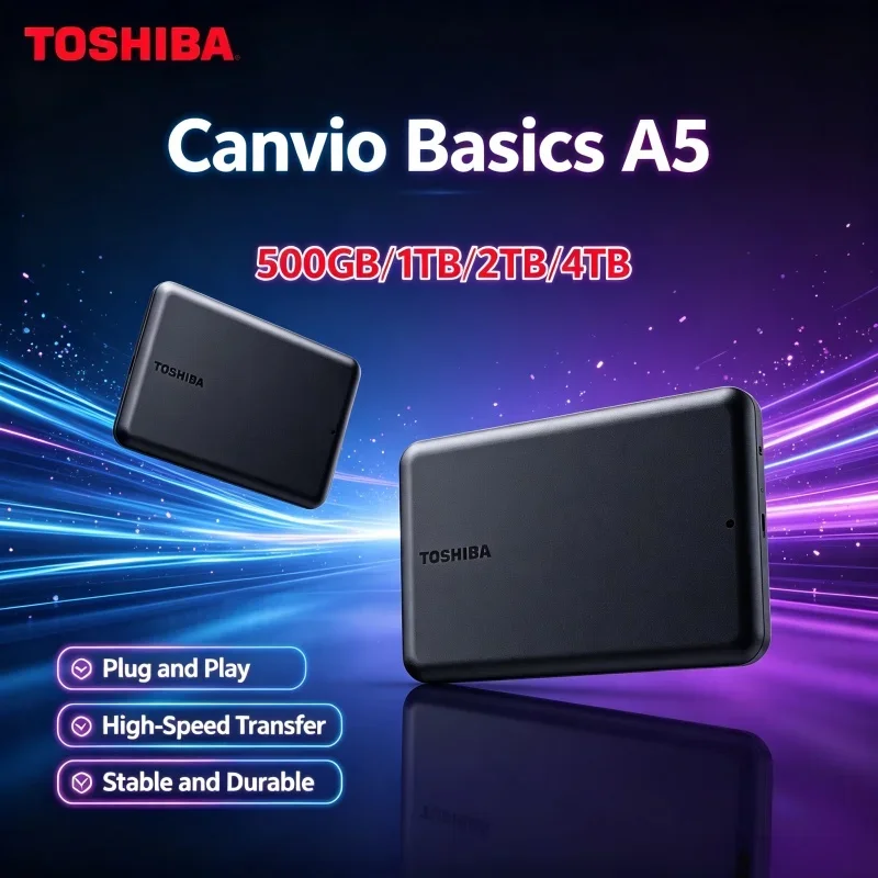 New Arrival Toshiba Canvio Basics A5 USB3.2 Gen1 Slim Black Portable Hard Drive 500GB-2TB Plug and Play Storage for Mac Laptop