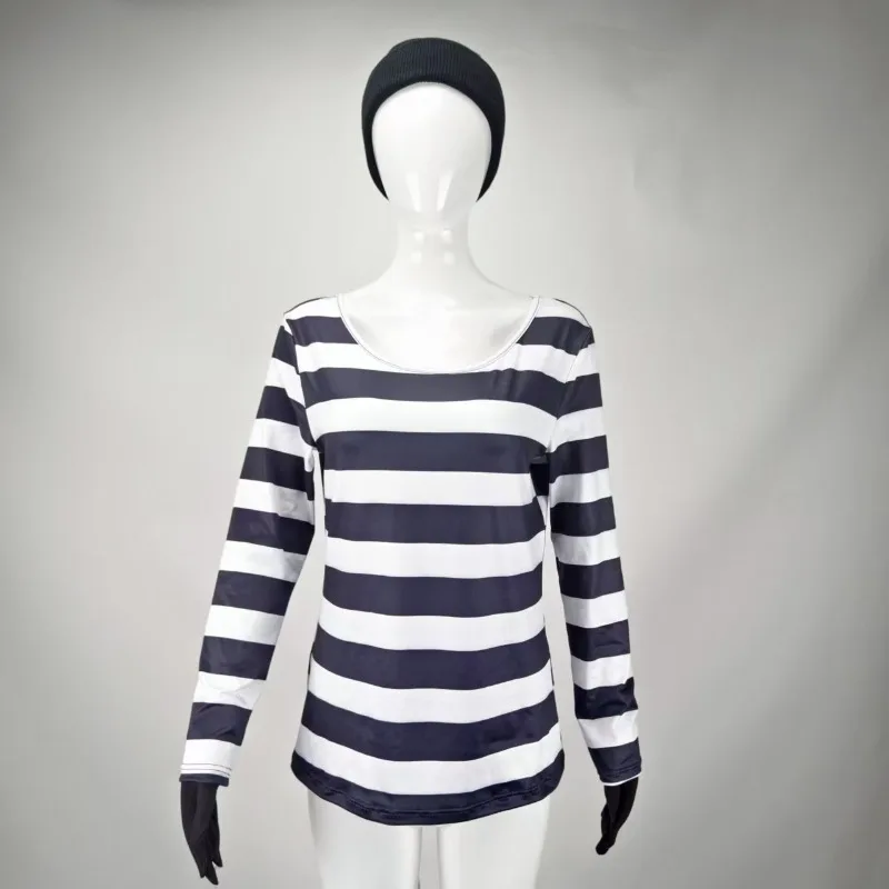 Halloween ladrão cosplay trajes ladrões uniforme manga comprida listrado conjunto camiseta chapéu meia acessórios roupas de carnaval de halloween