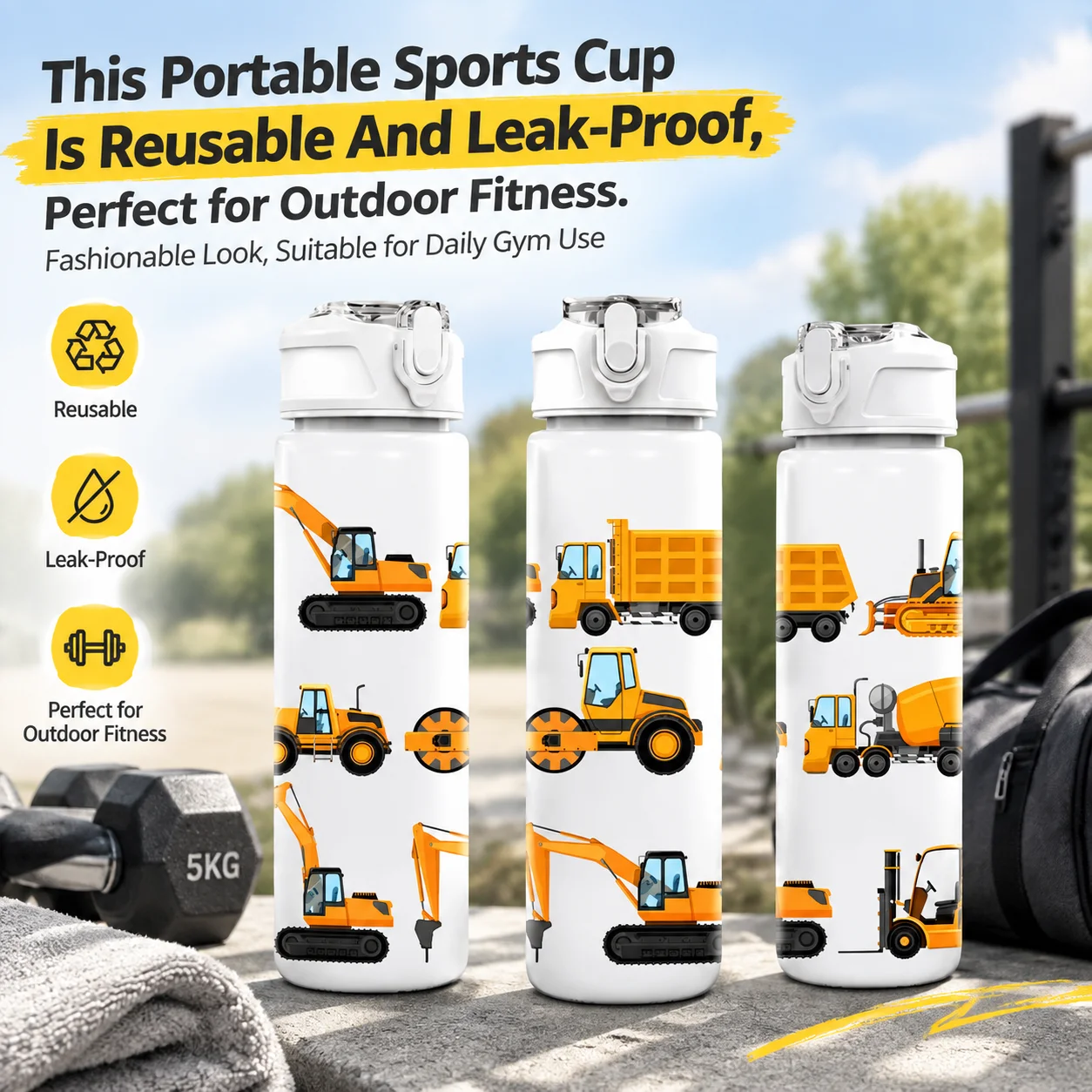 Portable Sports Cup Is Reusable And Leak-Proof Cartoon Tractor Design in 3 Colors Ideal for Travel 750ml Water Bottle Cup