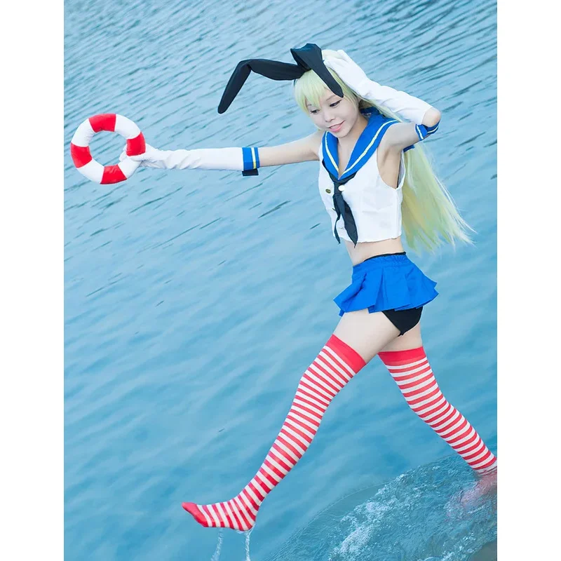 Anime Game Kantai Collectie Kancolle Shimakaze Cosplay Kostuum Vrouwen Sexy Zomer Matroos Pak Sokken Top Rok Hoofddeksels