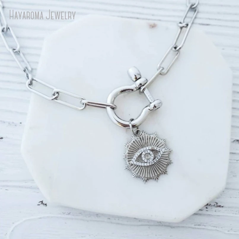 

10Pcs Silver Plated Evil Eye Choker Paperclip Chain Necklace Shackle Carabiner Horseshoe Clasp Choker Sunburst Charm Jewelry