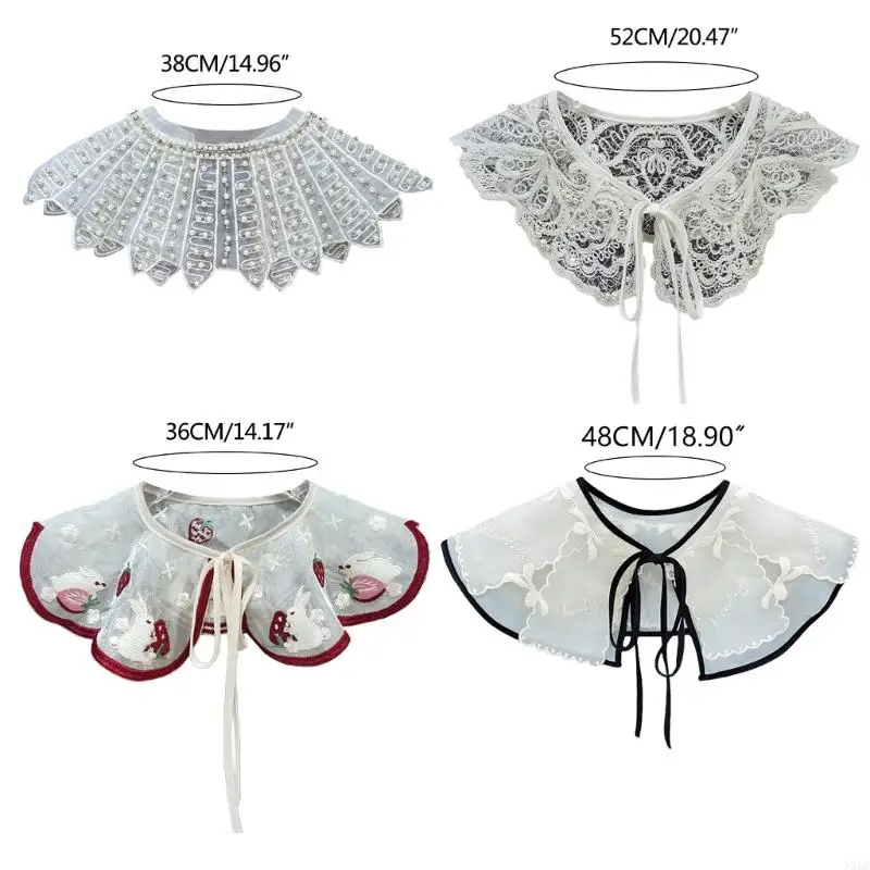 N5KB có thể tháo rời cổ áo rhinestones Pearl đính hạt organza khăn choàng quấn nữ thêu bowknot băng bó vòng cổ