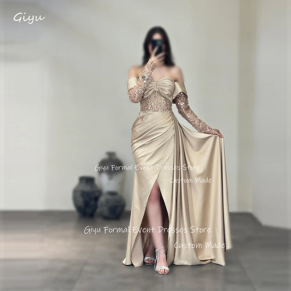 

Giyu Glitter Champagne Mermaid Evening Dresses Off Shoulder Shiny Long Sleeves Split Pleats Prom Gowns Formal Party Dress