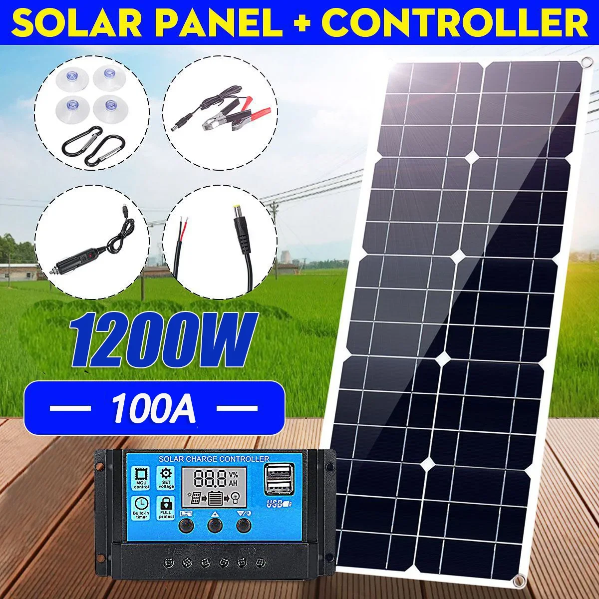 1200W18VPortable Solar Panel Power Bank, Solar Panel Kit 12V Controller Solar Plate For Home/Camping/RV/Car Fast Battery Charger