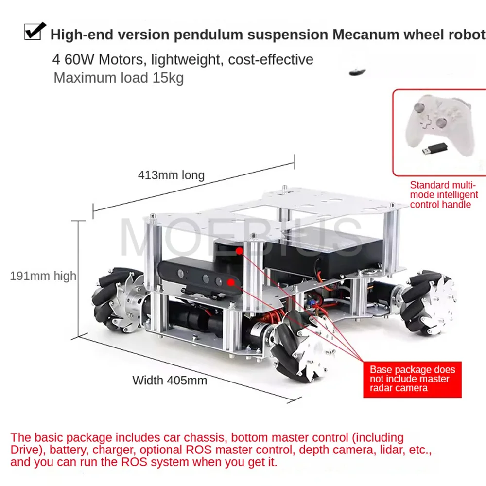 Big Load ROS2 Autopilot Mecanum Wheel Robot Car Chassis with Raspberry Pi 5 8GB Depth Camera Lidar Positioning Automated Driving