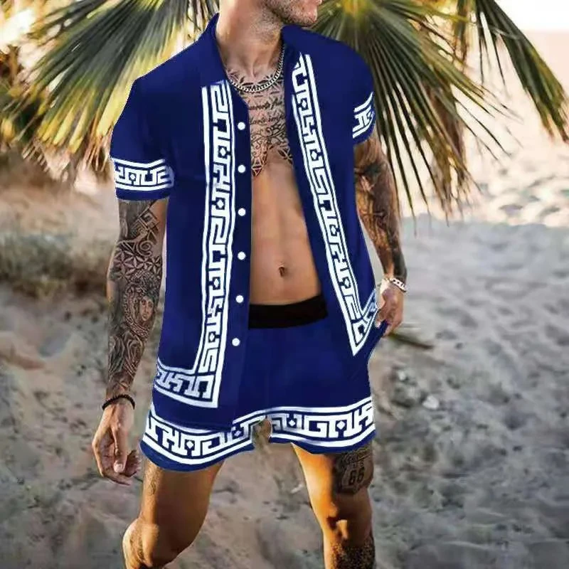 Herren hemd setzt 3D-Druck Patchwork Revers Kurzarm Freizeit hemd übergroße Strands horts Sommer Streetwear Hawaii Anzüge