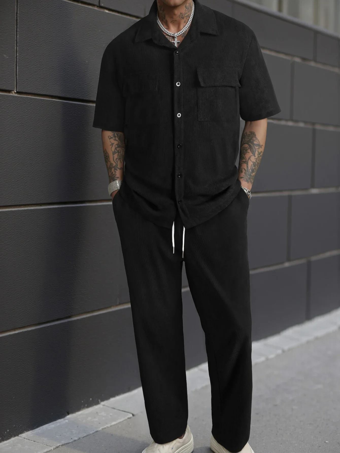 

GELITAYIN New Men's Suit-Collar Commuter Casual Shirt Fashion High-Quality Solid Color Short Sleeve Shirt+Trousers Male Two-Piec