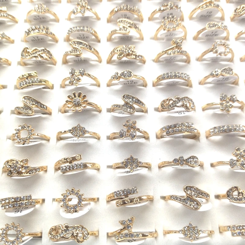 

50pcs/lot Mixed Models Rhinestone Paved Women's Rings Gold Color Silver Color For Choose