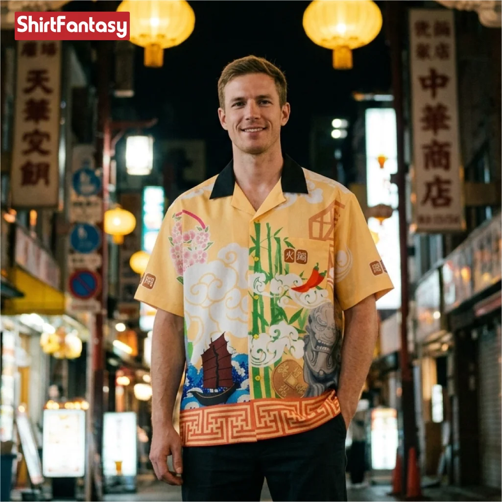 Chinese Style Ukiyo-e Print Short Sleeve Shirt, Anime Traditional Lion Bamboo Cloud Pattern Button Down, Summer Casual Beach Top