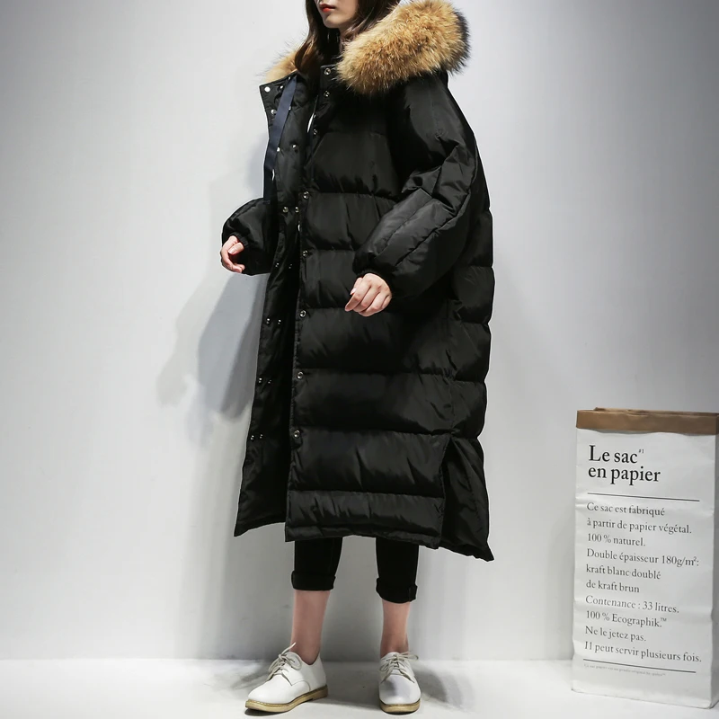 

High Quality Feather Parka Mujer 2023 Winter Women Real Fox Fur Collar Hooded Oversized Long White Duck Down Puffer Jacket