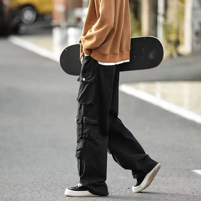 Street Popular White Multi-pocket Overalls Men's Harajuku Style Loose Casual Pants High Street Retro Women’s Slacks Trousers