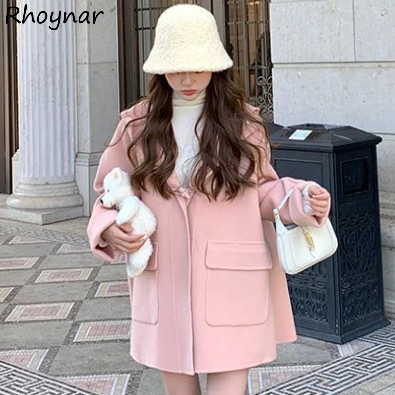 Misto con cappuccio Cappotto dolce invernale da donna Baggy delicato stile coreano Temperamento estetico Accogliente streetwear Tasche alla moda Ragazze universitarie