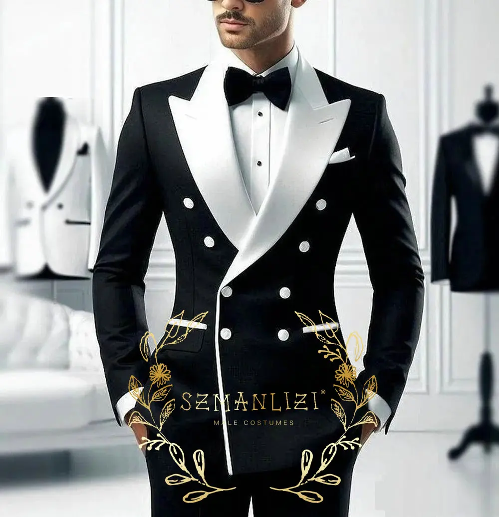 

Double Breasted Black Men's Suits Fashion Set 2 Piece Jacket Pants Set Bespoke Male Wedding Clothing Prom Party Outfits Terno